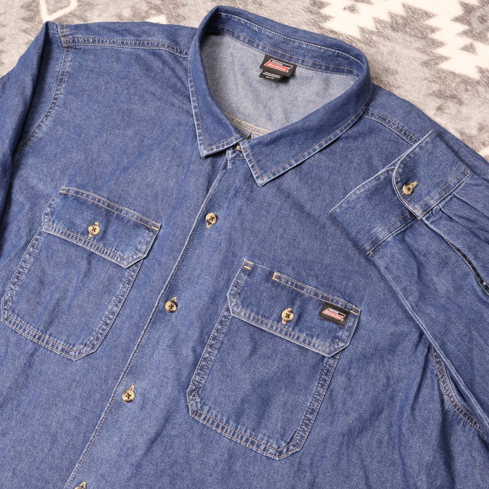Genuine Dickies Mens 5XL Denim Button Down Shirt Blue Long Sleeve A89BTJ76